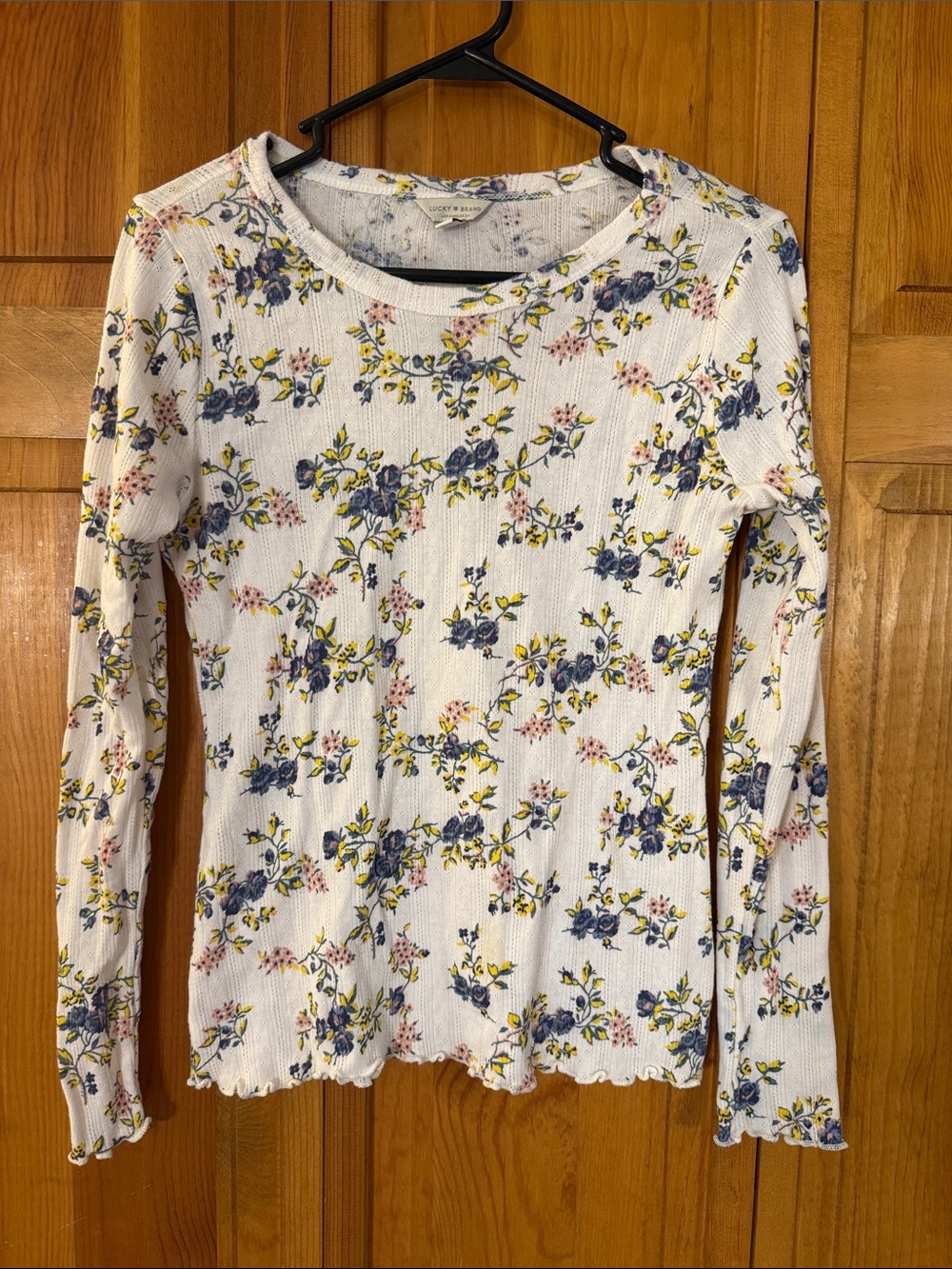 Lucky Brand White Long-Sleeve Floral Ribbed Top